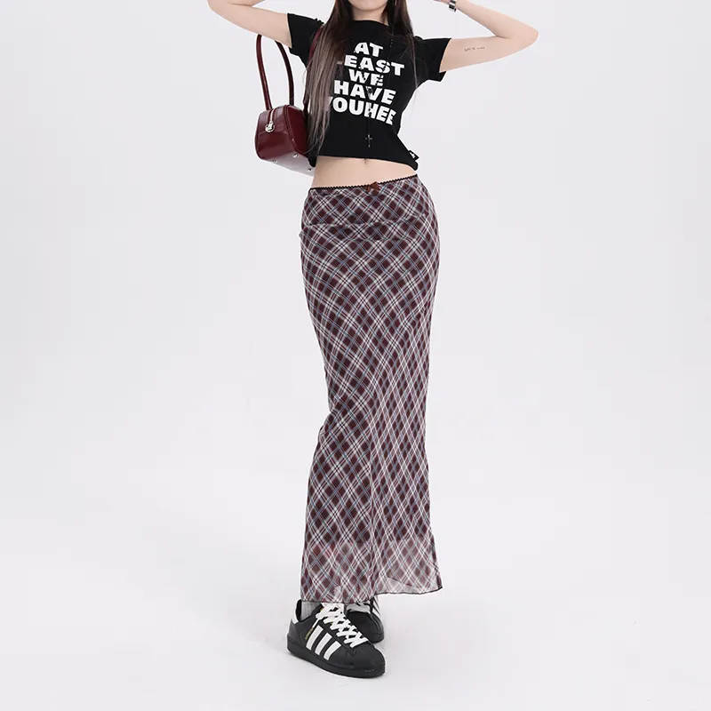 Rose Casual Long Skirts Women's Blue And Green Plaid-4