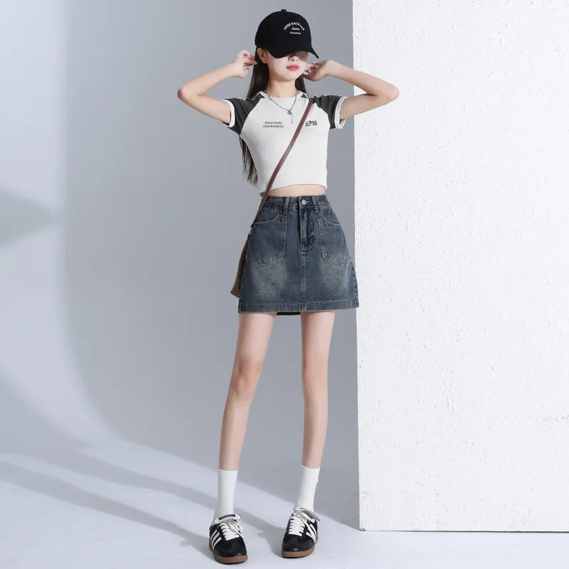Rose Denim Short Skirts Women's Vintage Blue-3