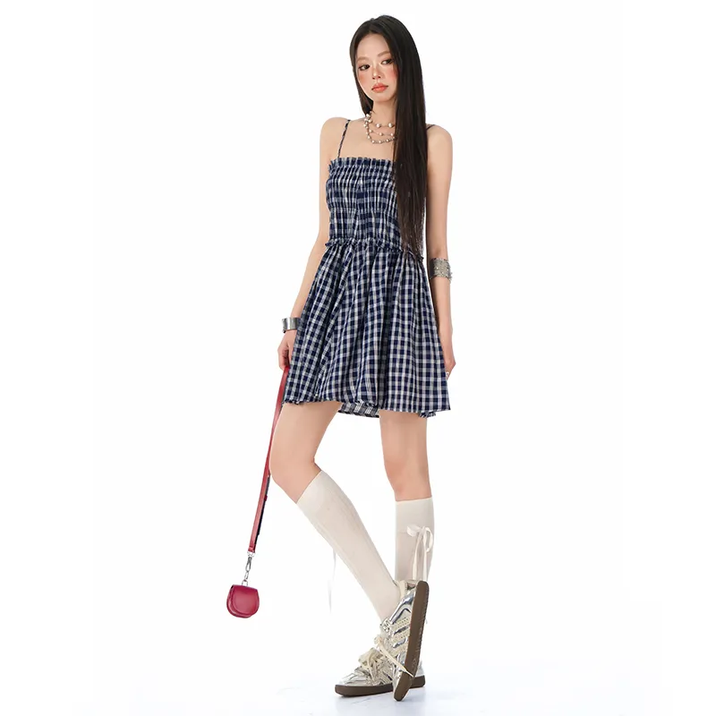 Rose Slip Dresses Women's Blue Plaid-5