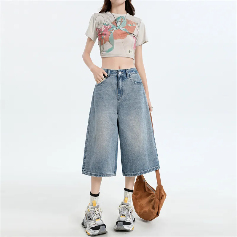 Rose Denim Shorts Women's Cream Blue-5