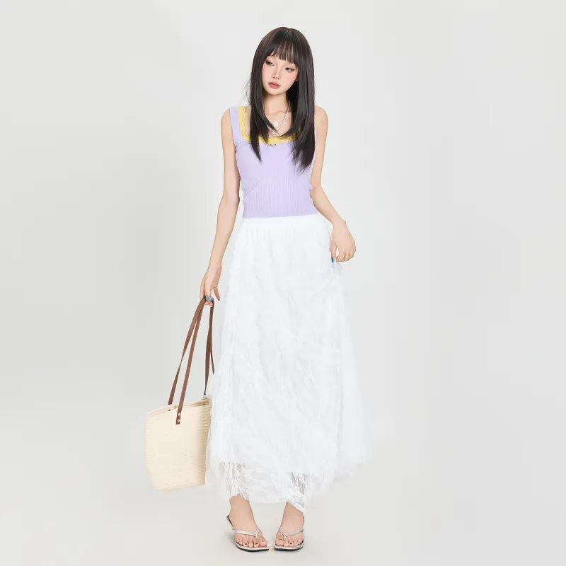 Rose Casual Long Skirts Women's White-3