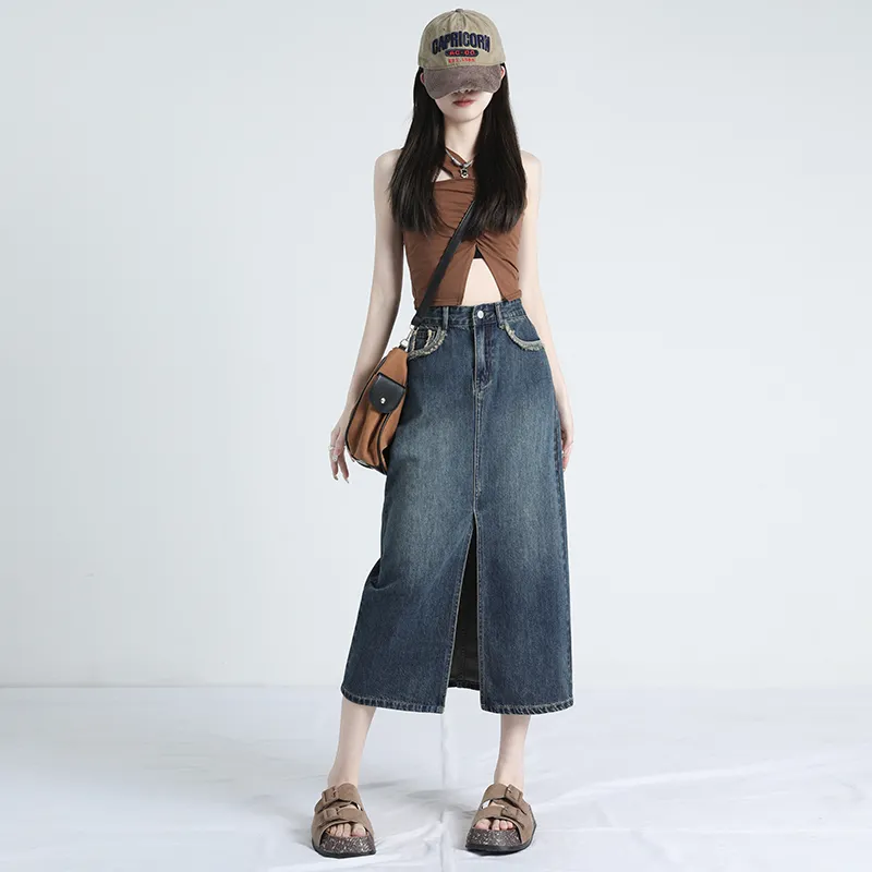 Rose Denim Long Skirts Women's Vintage Blue-4