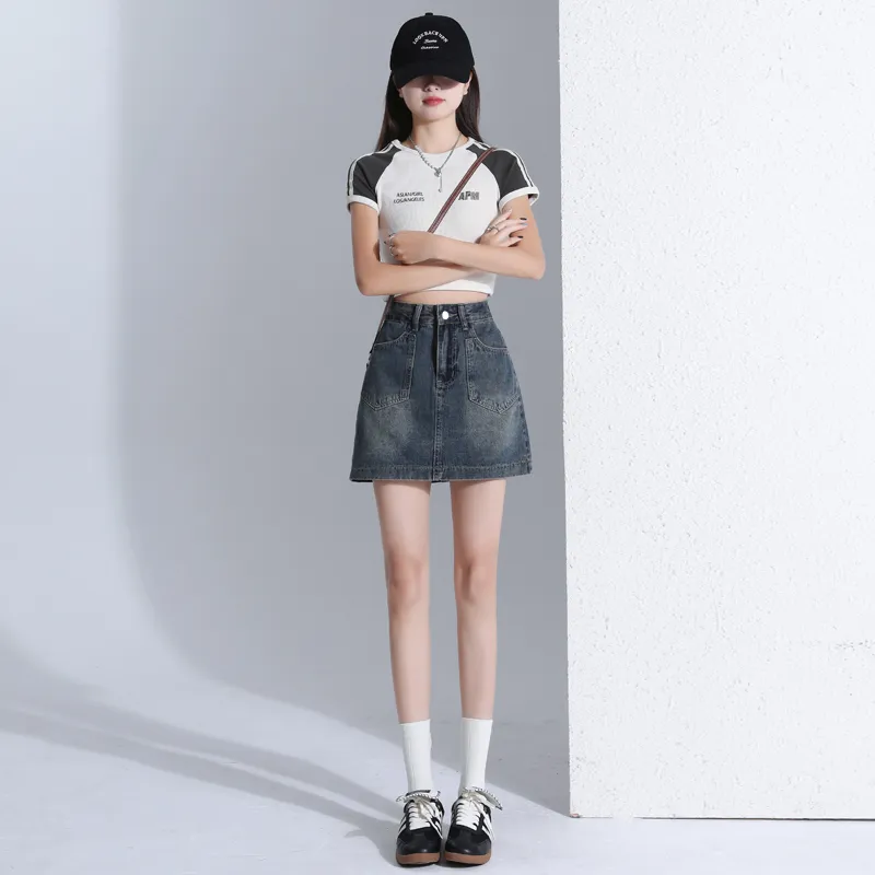 Rose Denim Short Skirts Women's Vintage Blue-2