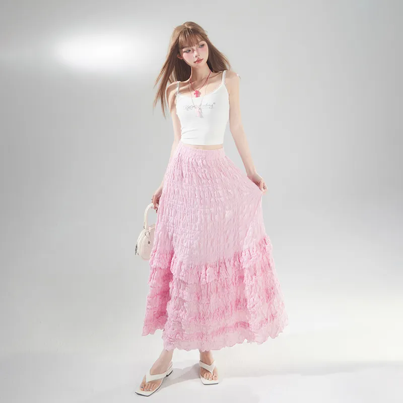 Rose Casual Long Skirt Women's Pink-6
