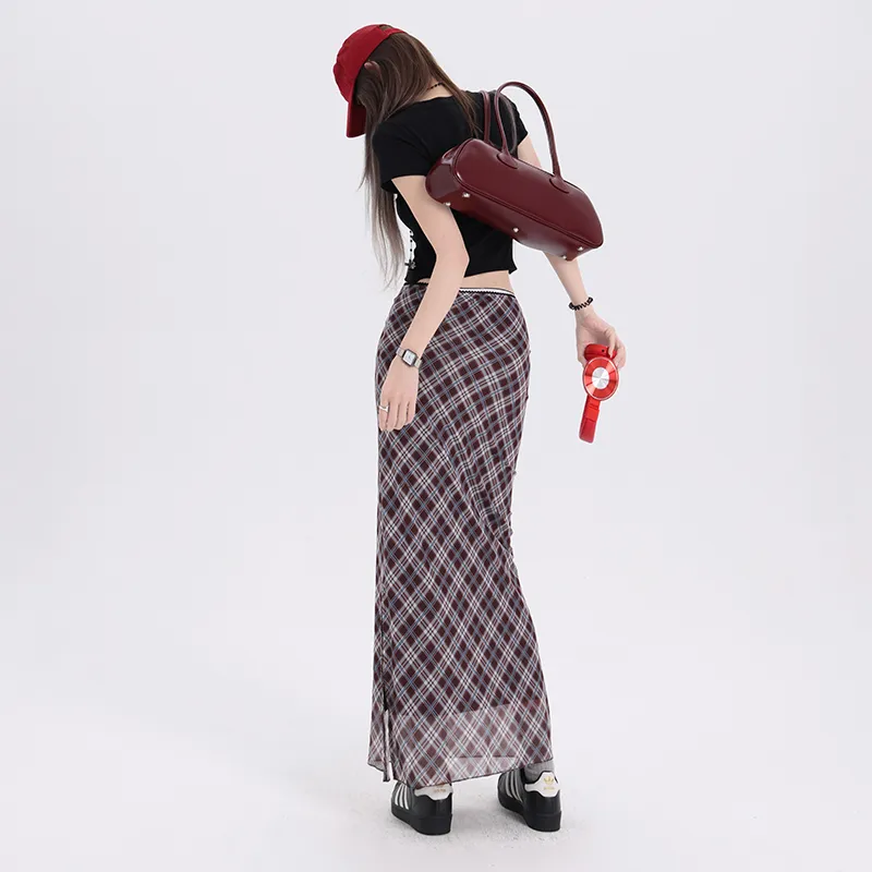 Rose Casual Long Skirts Women's Blue And Green Plaid-3