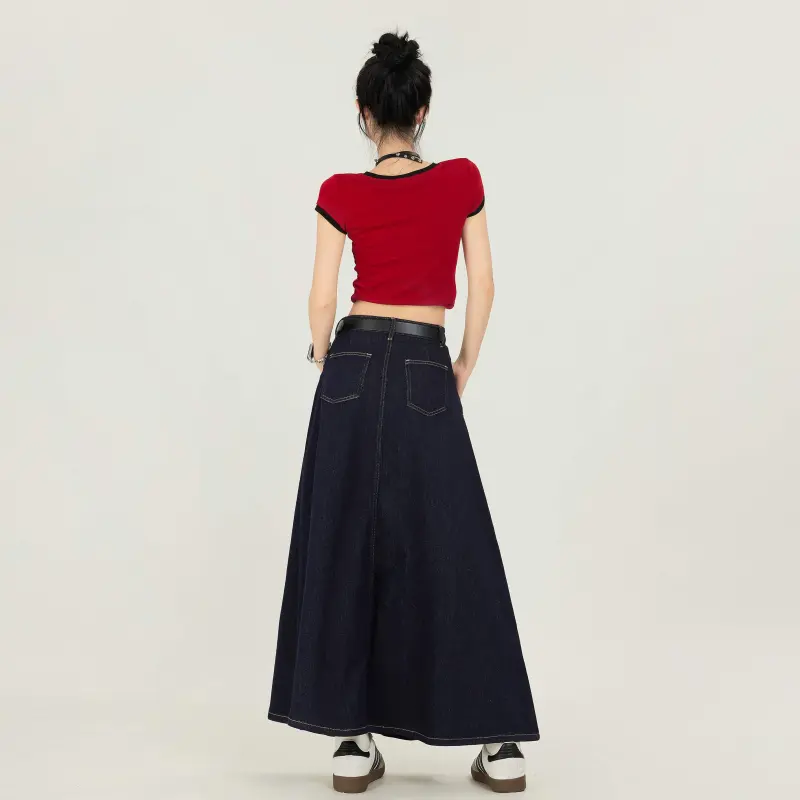 Rose Denim Long Skirts Women's Dark Blue-2