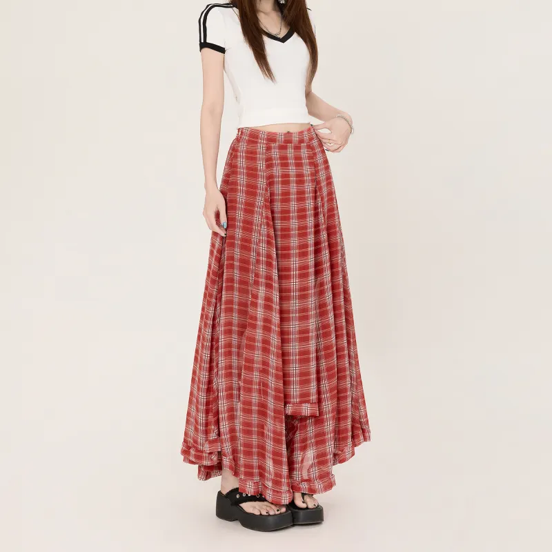 Rose Casual Long Skirts Women's Red Checkered Skirt-3