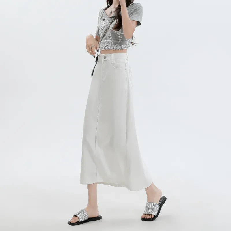 Rose Denim Long Skirts Women's White-6