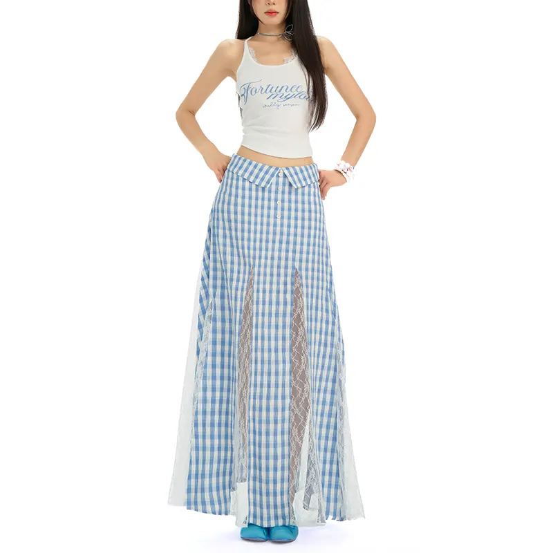 Rose Casual Long Skirts Women's Blue Plaid Skirt-5