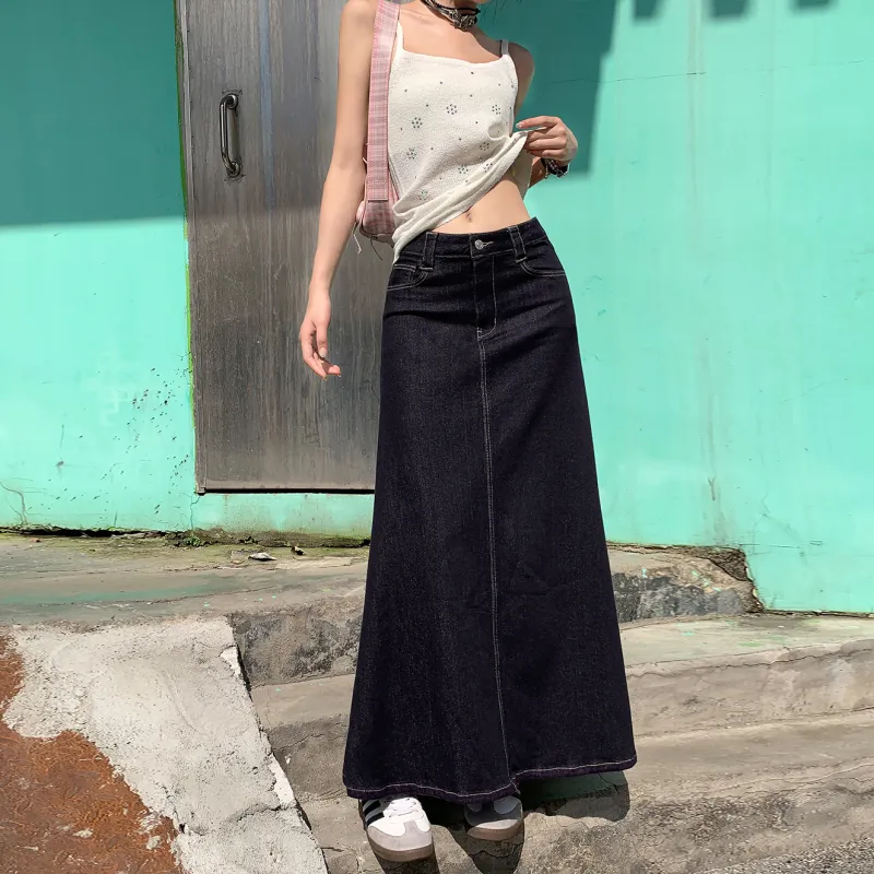 Rose Denim Long Skirts Women's Dark Blue-4