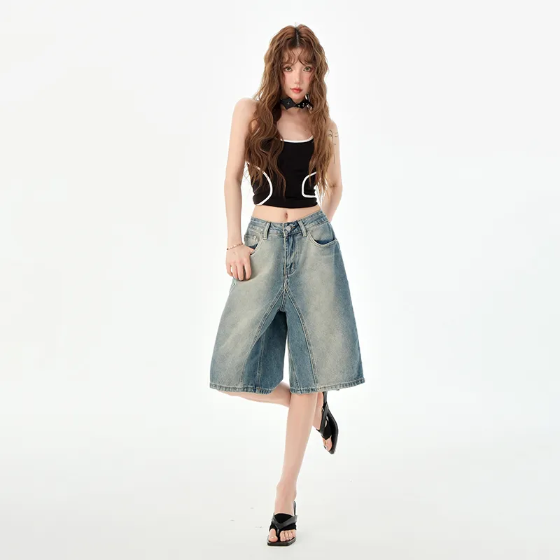 Rose Denim Shorts Women's Vintage Blue-3