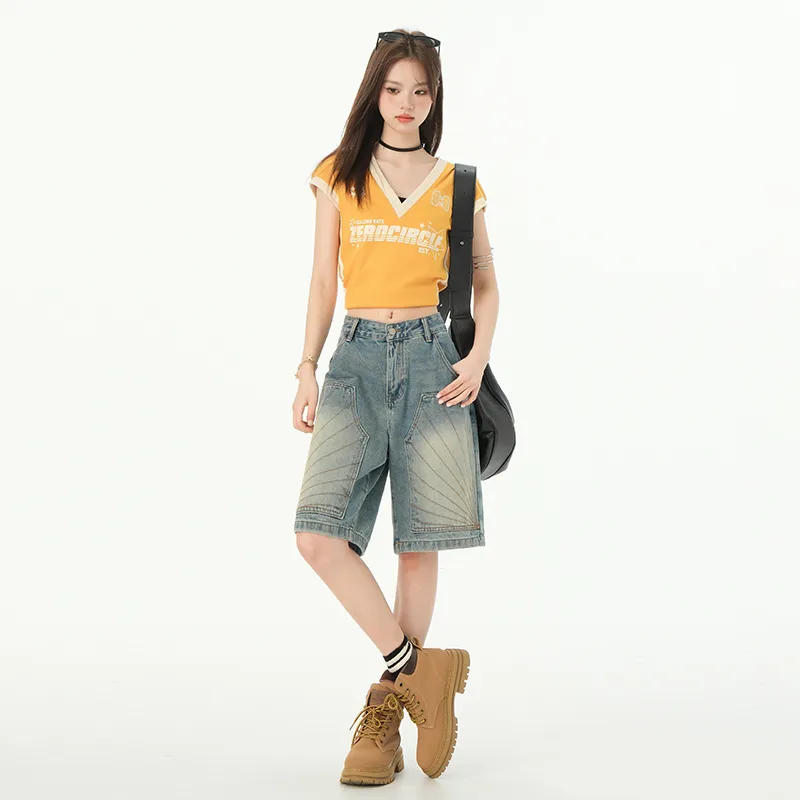 Rose Denim Shorts Women's Vintage Blue-4