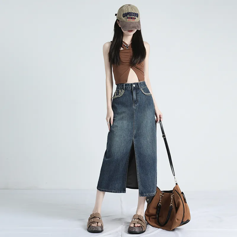 Rose Denim Long Skirts Women's Vintage Blue-2
