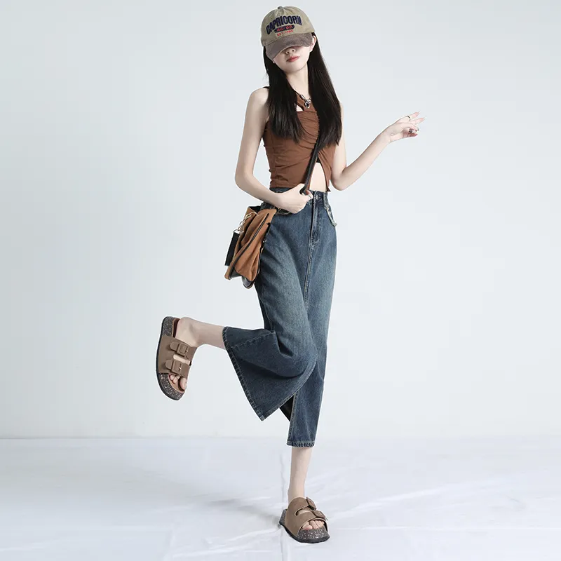 Rose Denim Long Skirts Women's Vintage Blue-5