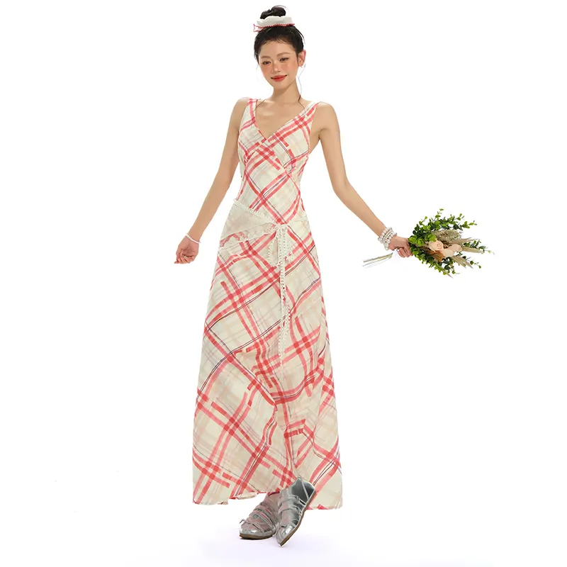 Rose Sleeveless Dresses Women's Red White Plaid-3