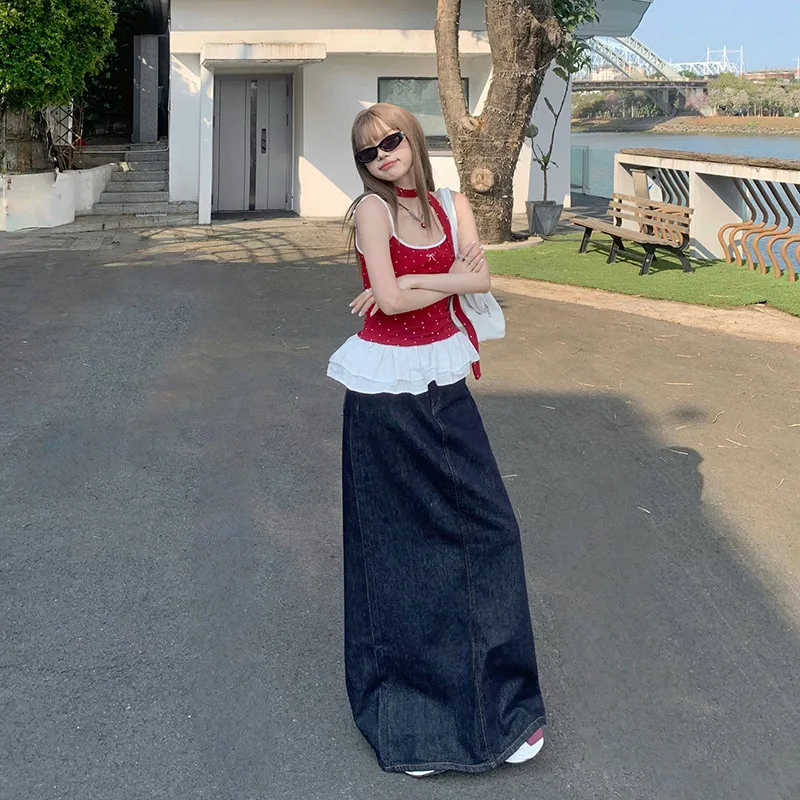 Rose Denim Long Skirts Women's Blue Maxi Skirt-5