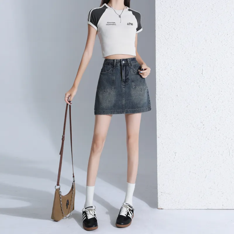Rose Denim Short Skirts Women's Vintage Blue-1