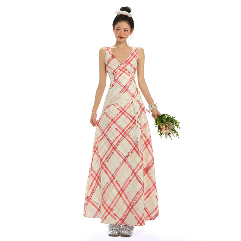 Rose Sleeveless Dresses Women's Red White Plaid-2