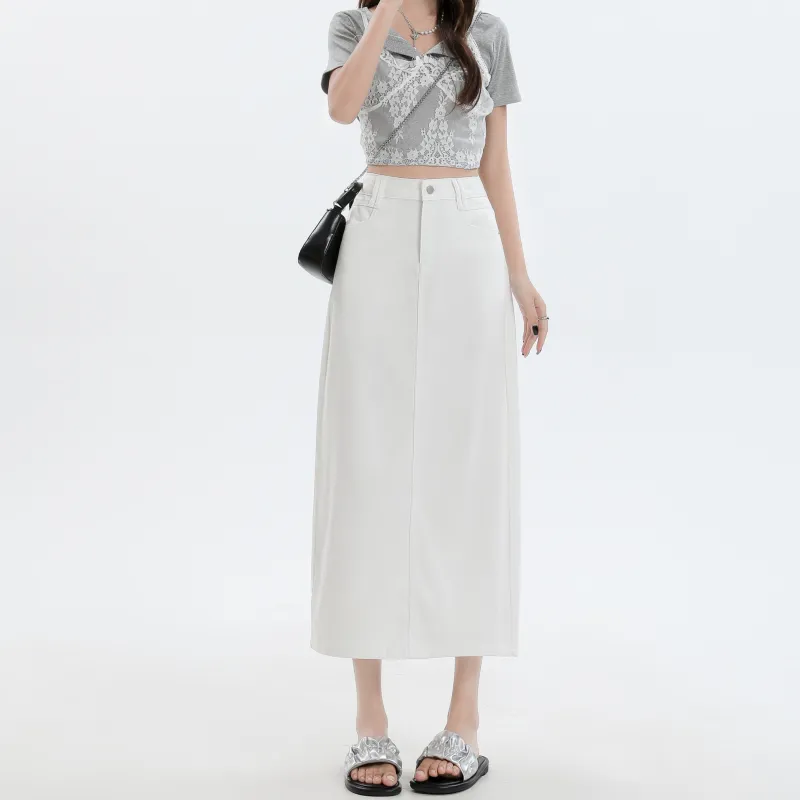 Rose Denim Long Skirts Women's White-2