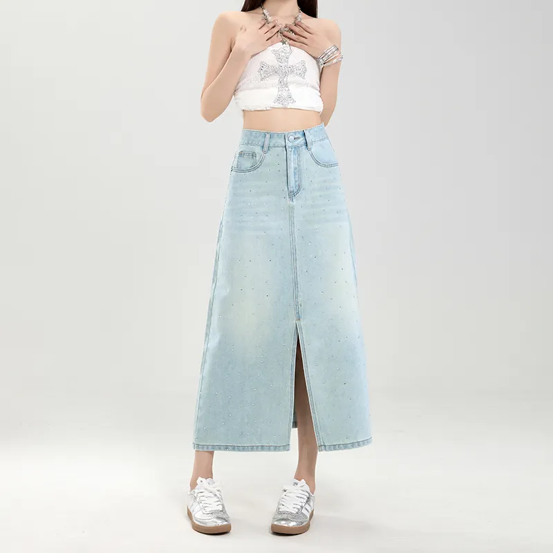 Rose Denim Long Skirt Women's Blue Rhinestone-5