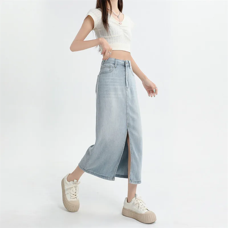 Rose Denim Long Skirt Women's Vintage Blue-4