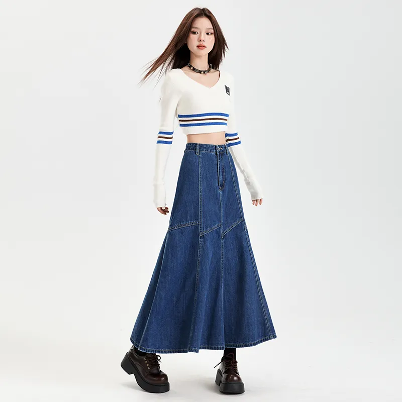 Rose Denim Long Skirts Women's Vintage Blue-5