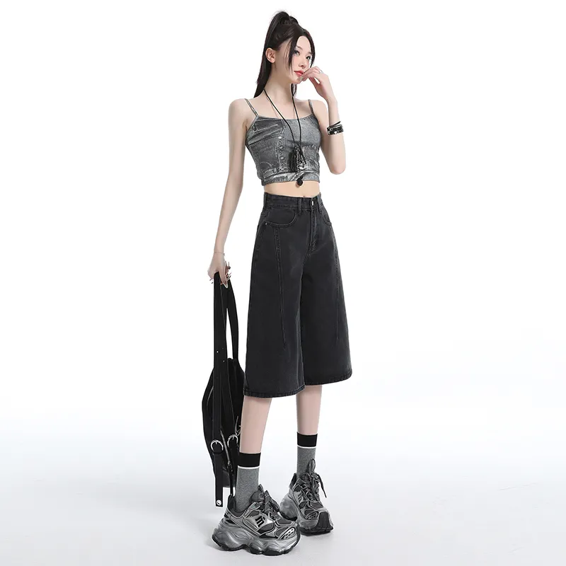Rose Denim Shorts Women's Black Gray Color-5