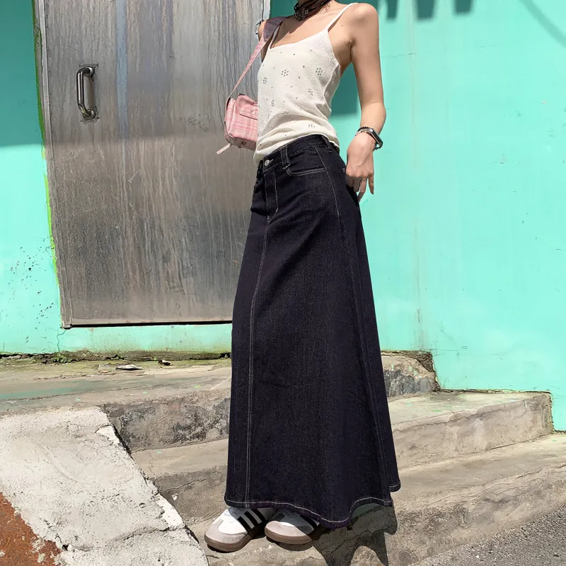 Rose Denim Long Skirts Women's Dark Blue-3
