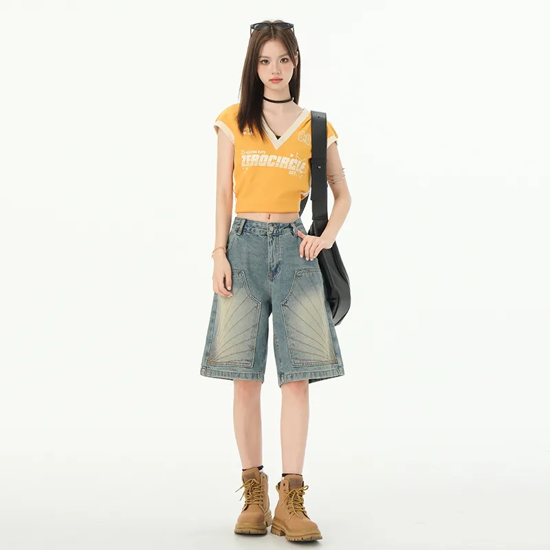Rose Denim Shorts Women's Vintage Blue-3