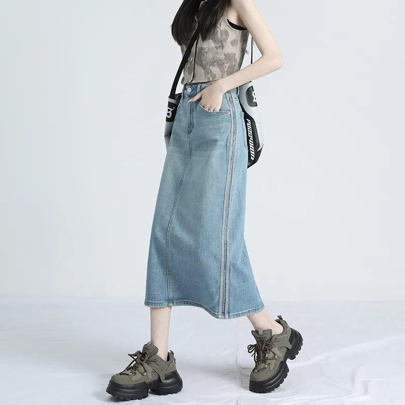 Rose Denim Long Skirts Women's Cream Light Blue-3