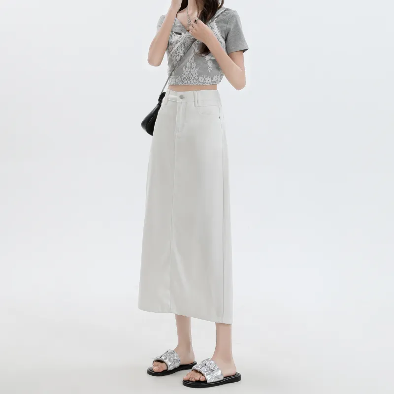 Rose Denim Long Skirts Women's White-4
