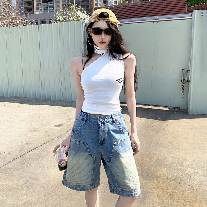 Rose Denim Shorts Women's Vintage Blue-4