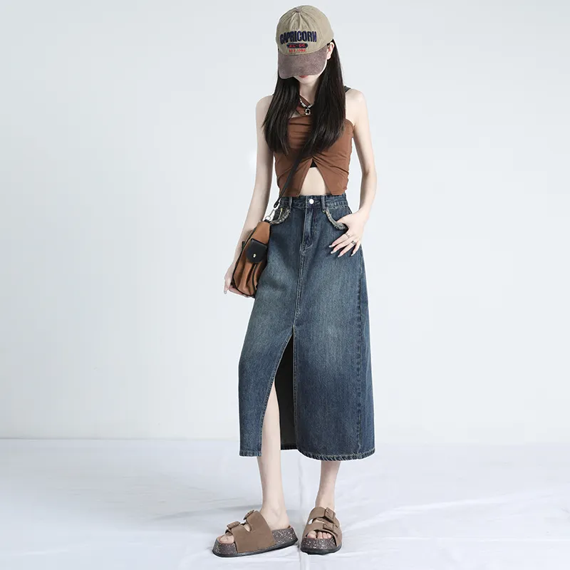 Rose Denim Long Skirts Women's Vintage Blue-6