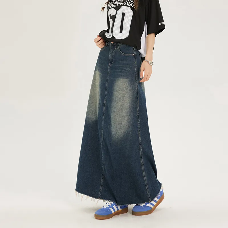 Rose Denim Long Skirts Women's Vintage Blue-2