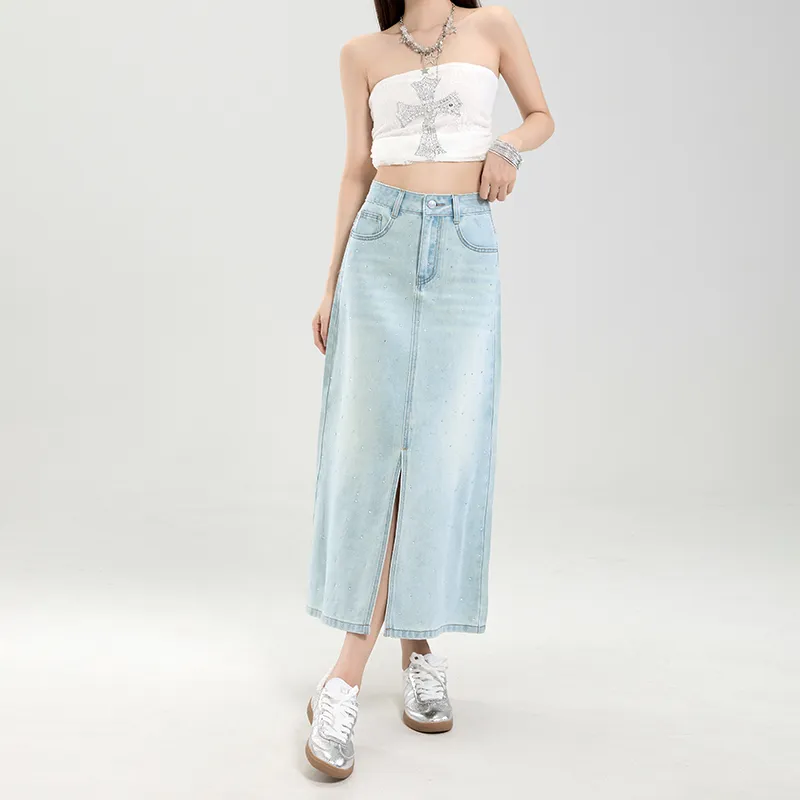 Rose Denim Long Skirt Women's Blue Rhinestone-3