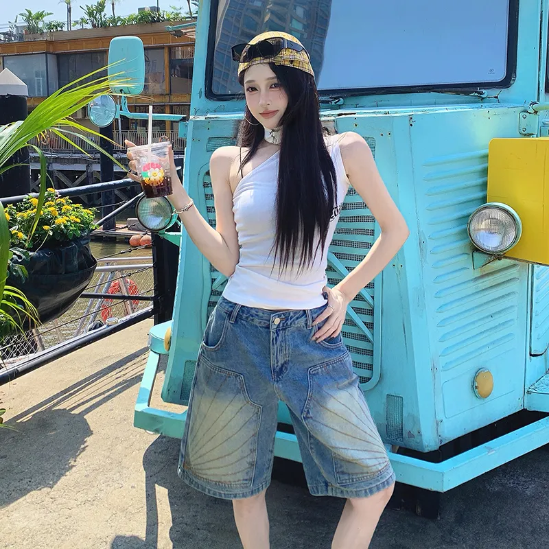 Rose Denim Shorts Women's Vintage Blue-2