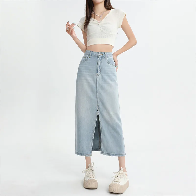 Rose Denim Long Skirt Women's Vintage Blue-6