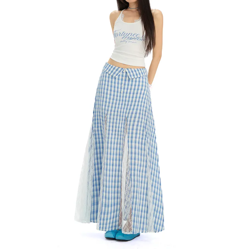 Rose Casual Long Skirts Women's Blue Plaid Skirt-4