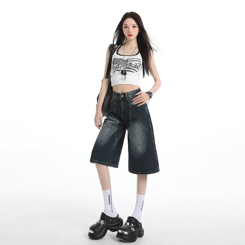 Rose Denim Shorts Women's Blue Gray-3