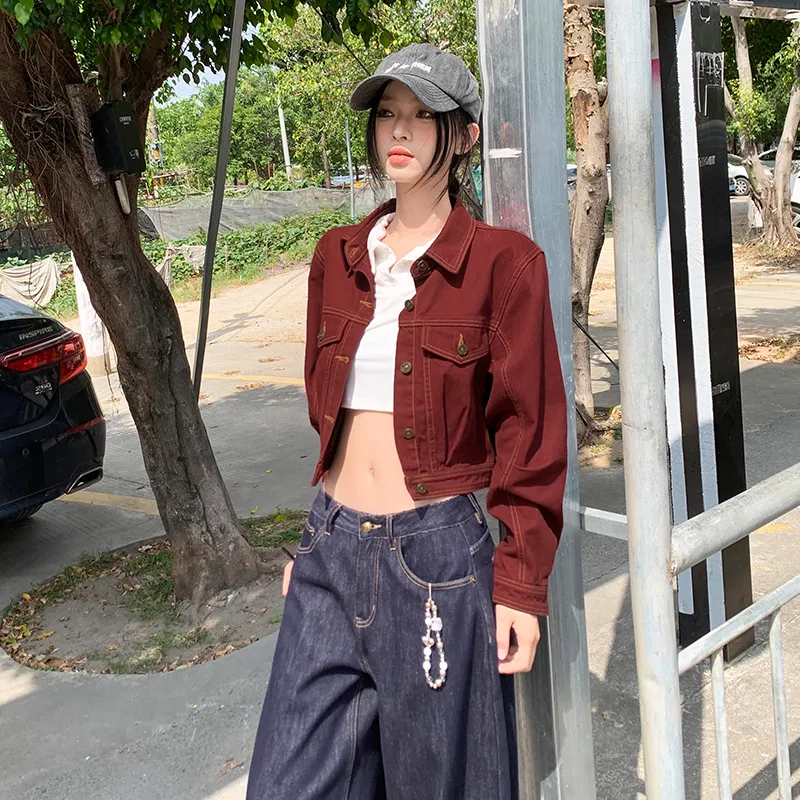 Rose Denim Jackets Women's Red-3