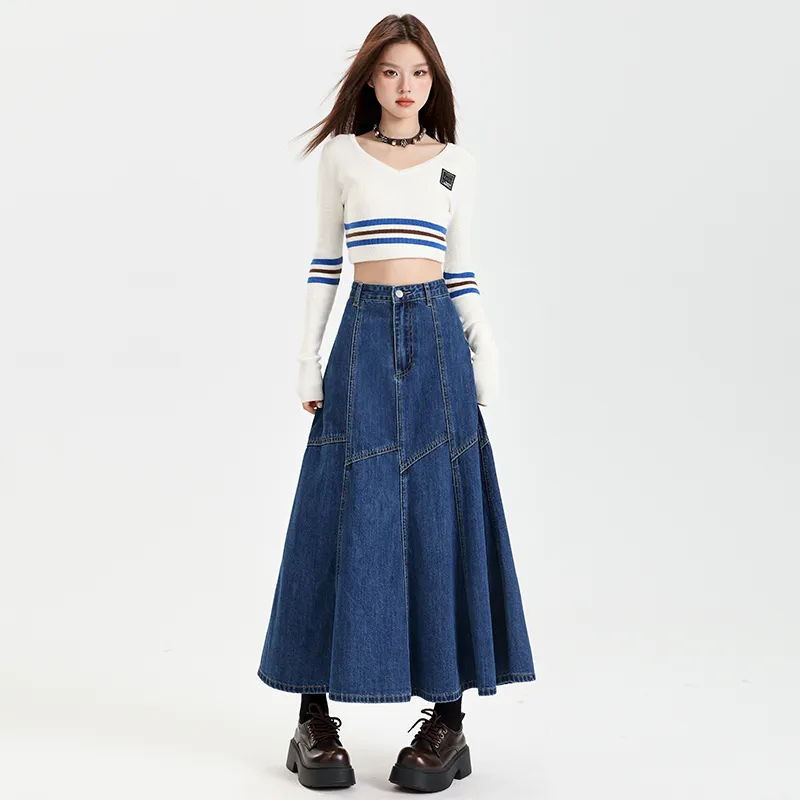 Rose Denim Long Skirts Women's Vintage Blue-2