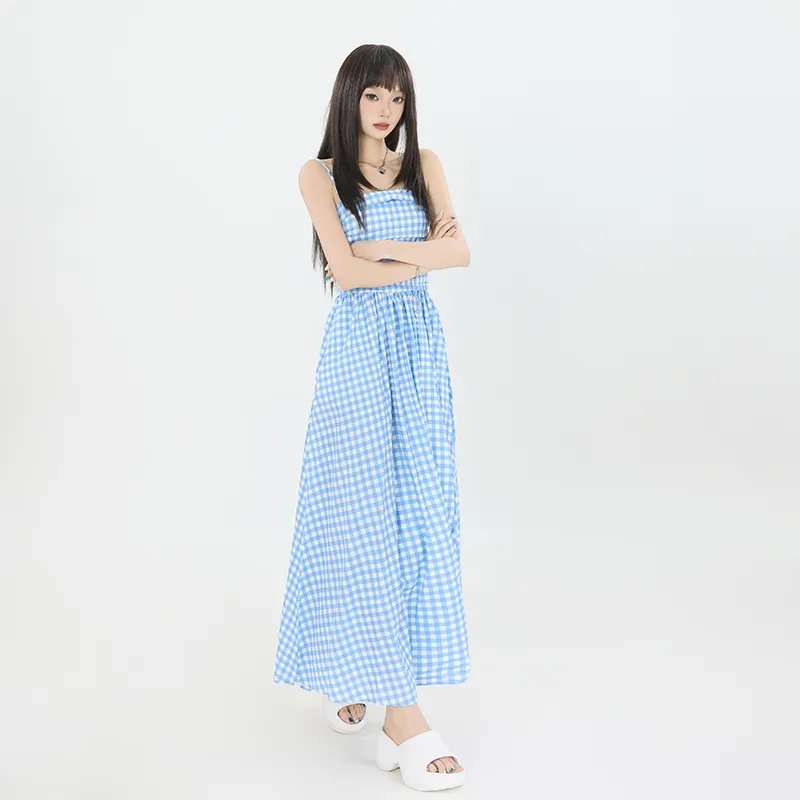 Rose Slip Dresses Women's Blue White Plaid-3