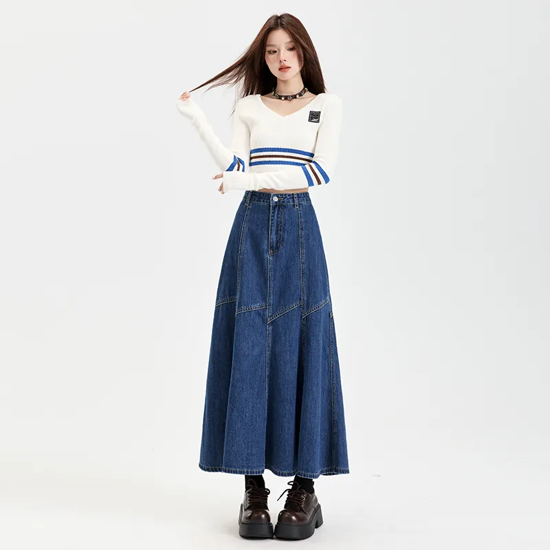 Rose Denim Long Skirts Women's Vintage Blue-3