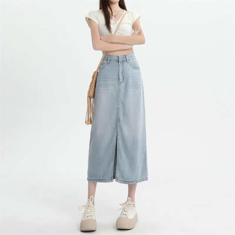 Rose Denim Long Skirt Women's Vintage Blue-2