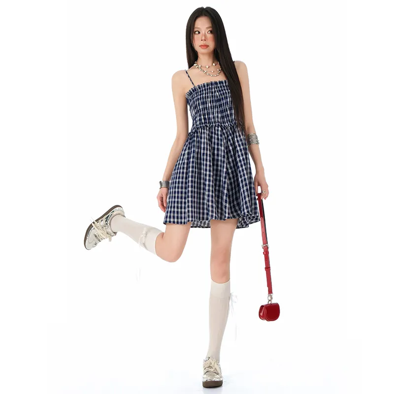 Rose Slip Dresses Women's Blue Plaid-4