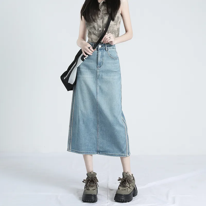Rose Denim Long Skirts Women's Cream Light Blue-4