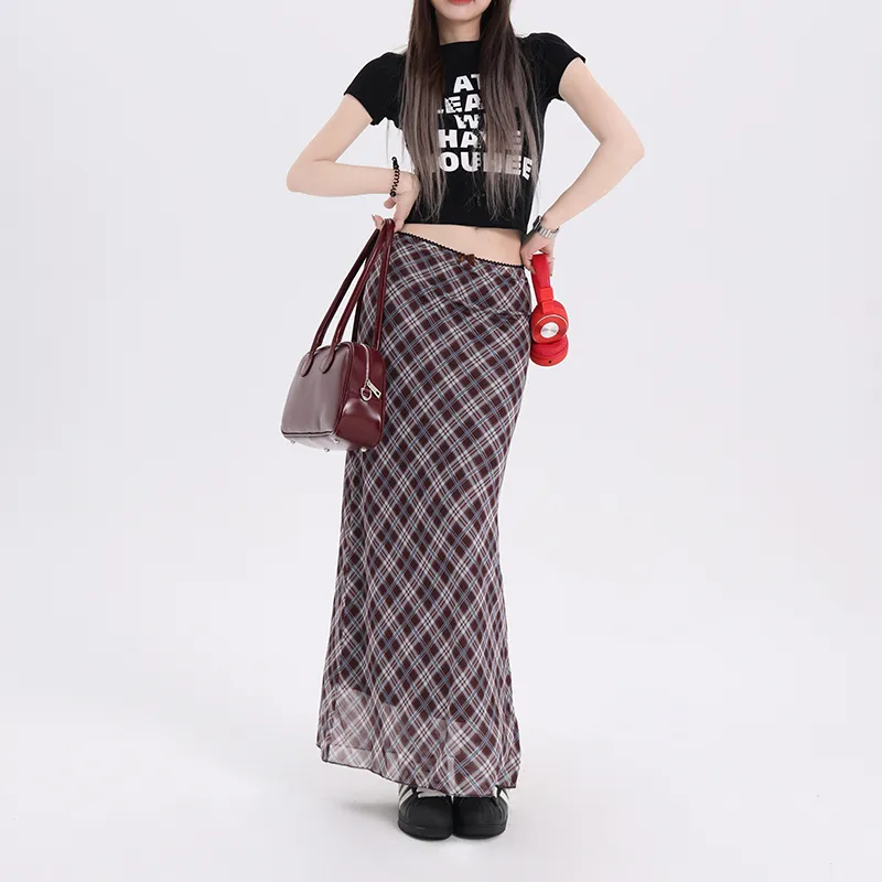 Rose Casual Long Skirts Women's Blue And Green Plaid-5