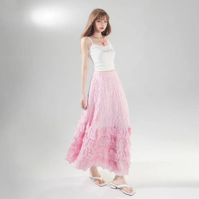 Rose Casual Long Skirt Women's Pink-5