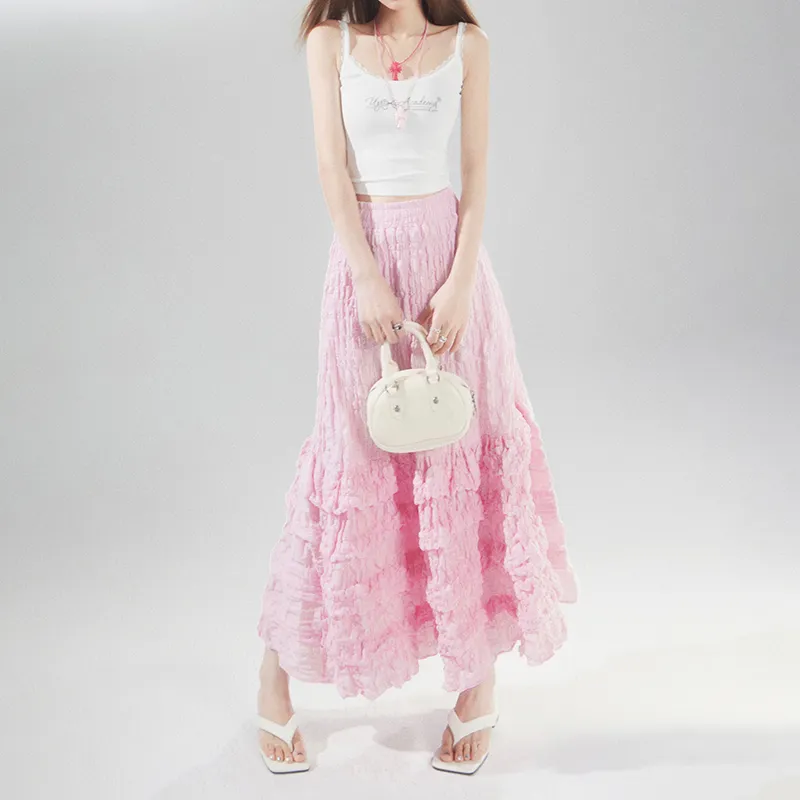 Rose Casual Long Skirt Women's Pink-4