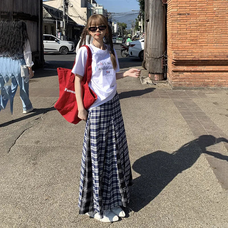 Rose Casual Long Skirts Women's Blue-4